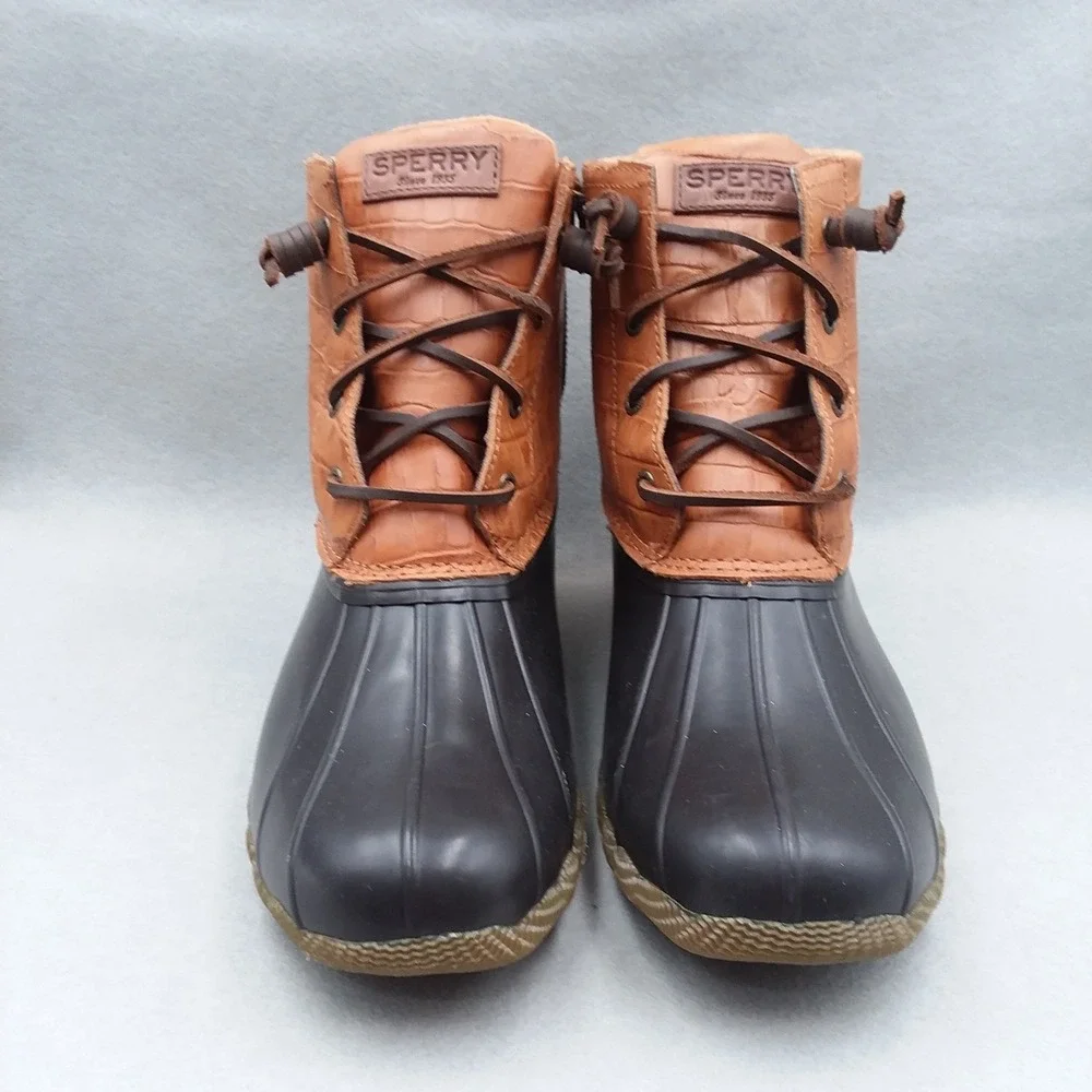 Sperry Saltwater Croc Embossed Duck‎ Boots Women's 10 Brown Leather Waterproof